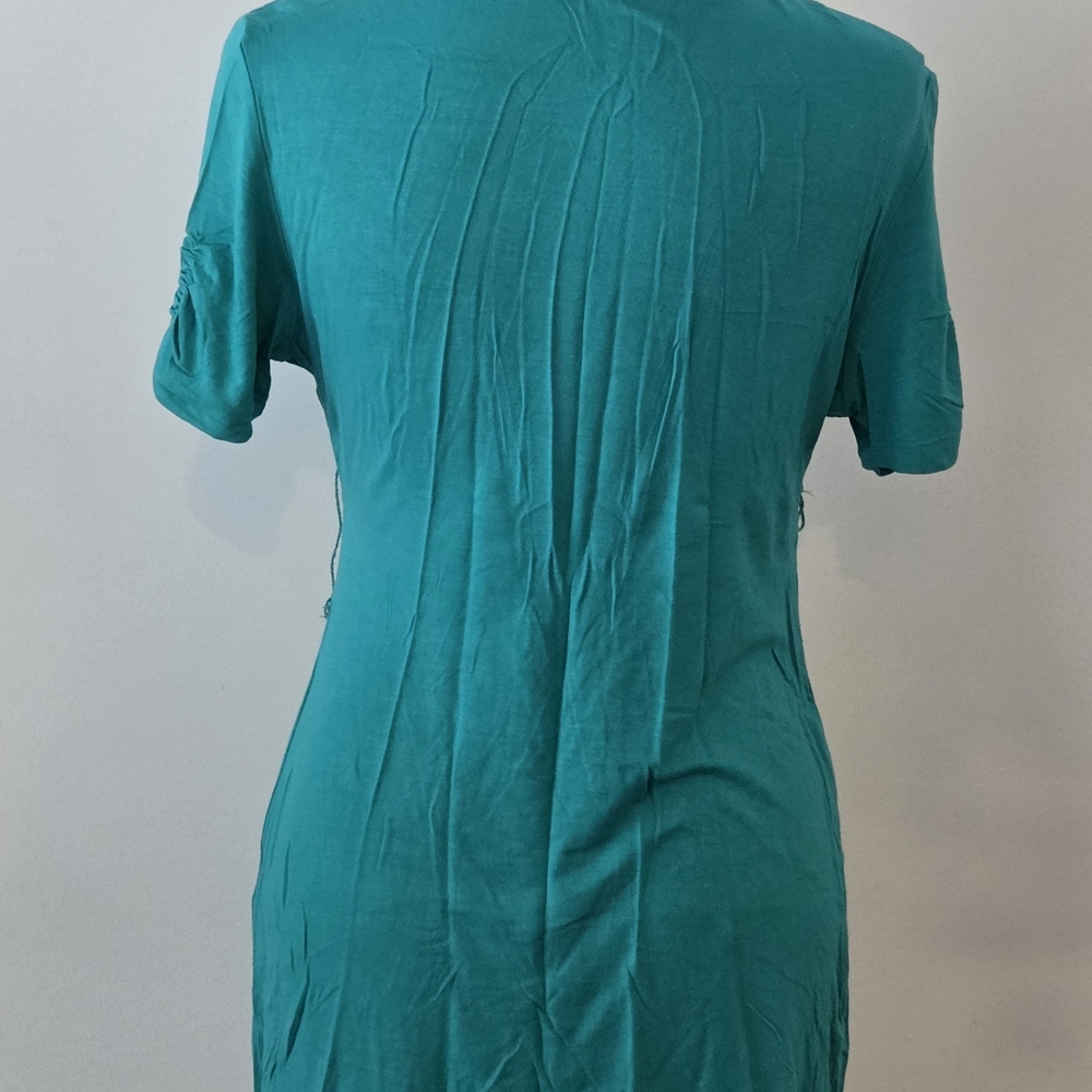 Teal V-Neck Long Sleeve Wrap-Style Women's Dress - Picture 3 of 4